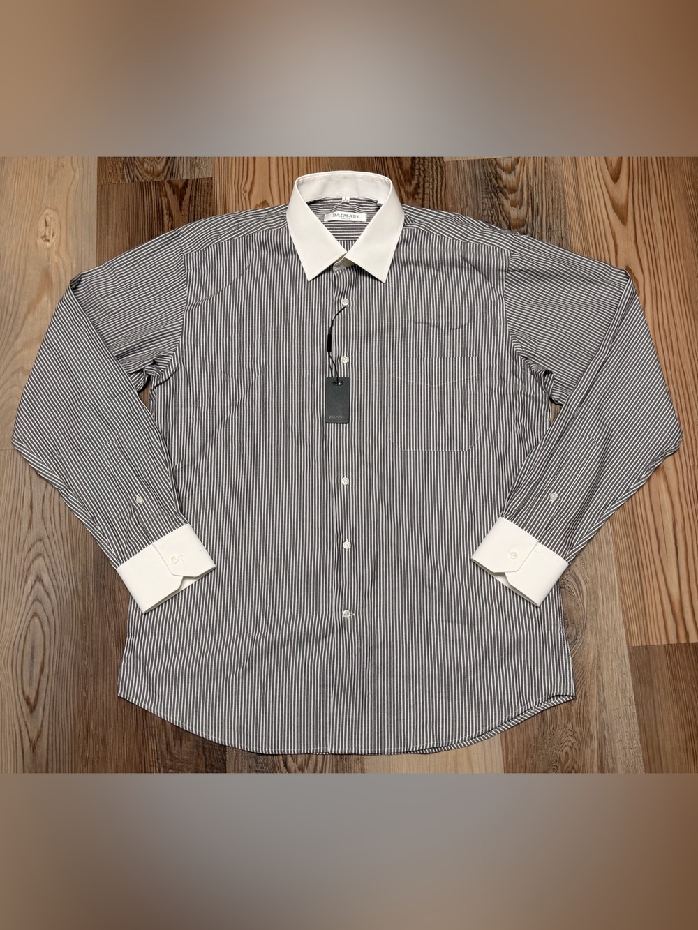 Balmain Paris Striped Dress Shirt Grey White Contrast Collar Cuffs Mens L 41/42